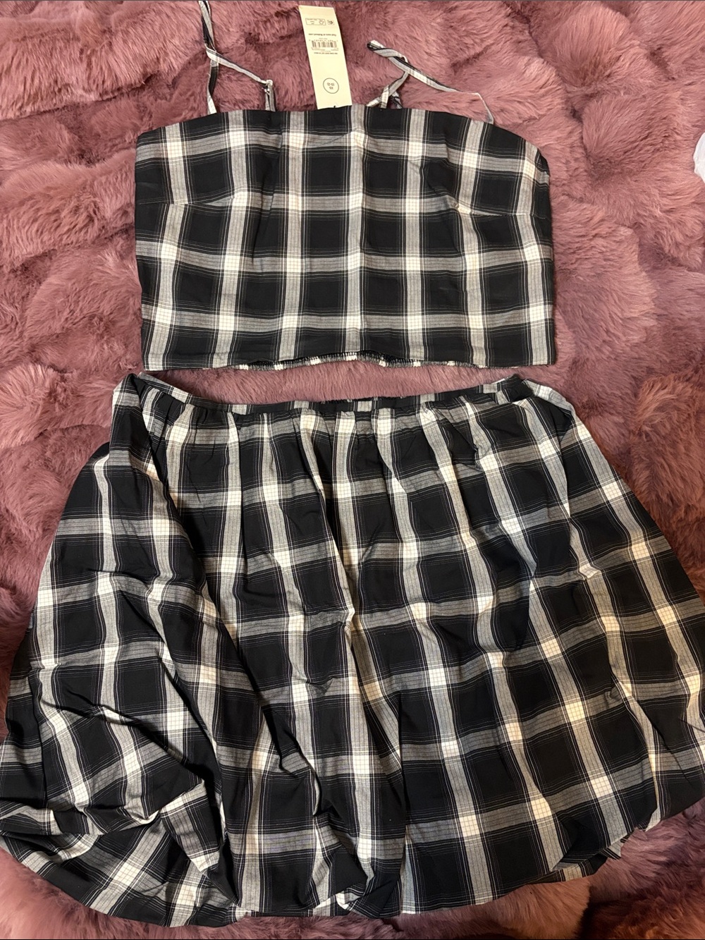 Black and White Plaid Two-Piece Crop Top + Skirt Set